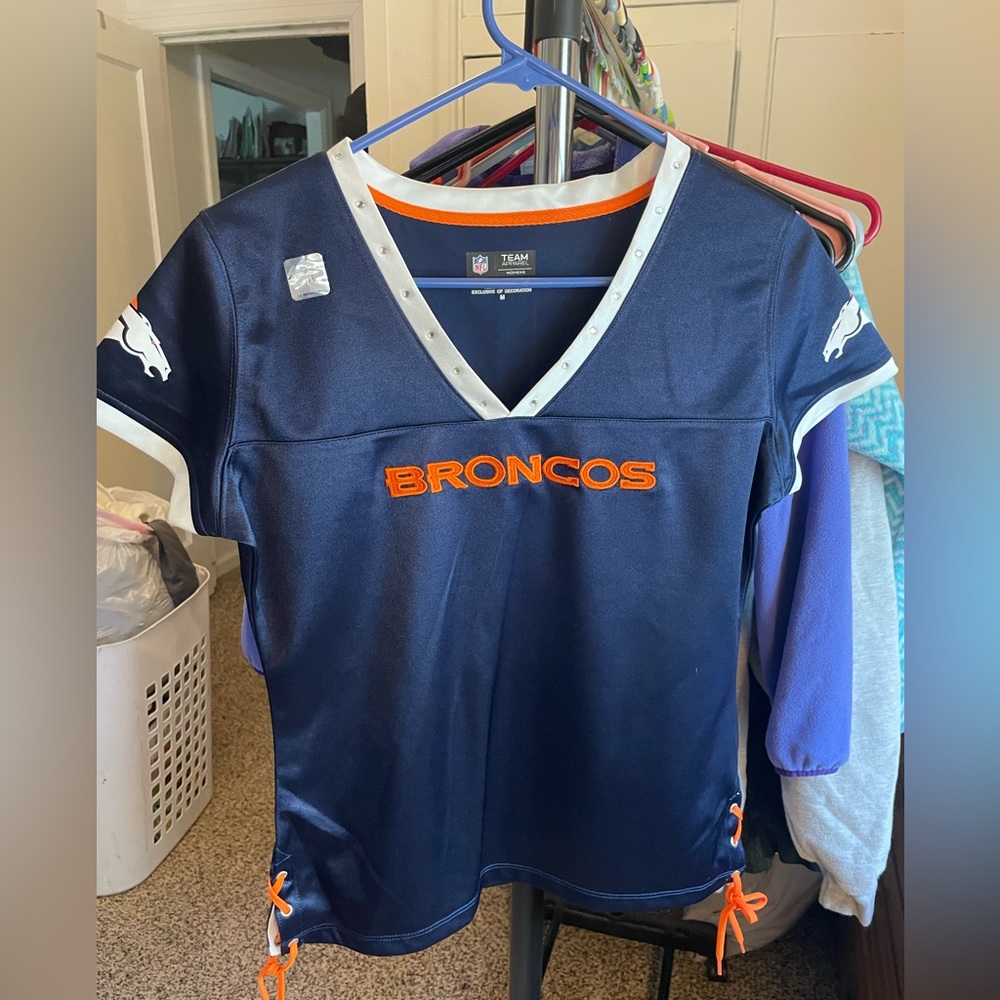 NFL team apparel Broncos top with rhinestone lined neckline and laced sides